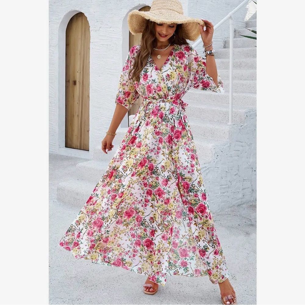 Floral Wrap Maxi Dress with Tie Waist - Pink/White